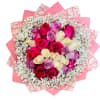 25 PURPLE, HOT PINK, WHITE, LIGHT PINK ROSES.
BABYBREATH
PINK PAPER (THE DESIGN OF