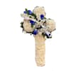 White floral standing spray with blue roses and a ribbon