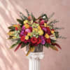 Colorful bouquet of roses and orchids in a rustic container