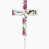 Floral memorial cross stake with a bird and the words "Always and forever in our hearts"