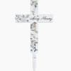 White memorial cross stake with floral bird artwork and "In Loving Memory" text