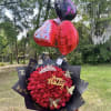 Red rose bouquet with birthday topper and heart balloons