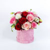 Pink and red roses arranged in a pink round box
