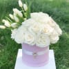 White roses and tulips arranged in a pink hat box