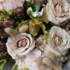 Bouquet of pale pink roses and orchids with fuzzy accents