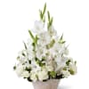 White gladiolus and carnation basket arrangement with tall spikes and round blooms