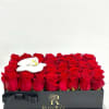 Box of red roses with a white orchid accent