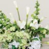 White calla lilies and pale green orchids in a low arrangement