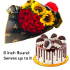 Bouquet of red roses and sunflowers beside a decorated cake