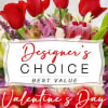 Mixed bouquet with red roses and pink orchids, labeled Designer's Choice.