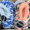 Camouflage-patterned fuzzy slipper shoes in several colors
