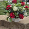 Bouquet of red and white roses in a white vase