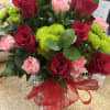 dozen red roses green poms and light pink carnations 