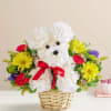 Flower basket arranged as a white teddy bear with a red ribbon