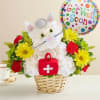White cat-shaped flower basket with a Get Well Soon balloon