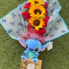 manual elaborado con girasoles y rosas chocolates y stitch