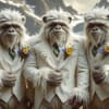 Three white-furred apes in cream suits with small floral boutonnieres.