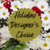 White daisies and red roses with a holiday designer choice label