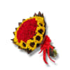 Bouquet of red roses and yellow sunflowers wrapped with a red ribbon