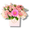 Pink rose bouquet in a pale pink gift box with a bright pink gerbera daisy