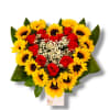 Heart-shaped bouquet of red roses and yellow sunflowers
