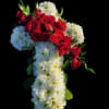 Red roses and white chrysanthemums arranged in a cross shape