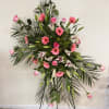 Tall standing floral spray with pink roses, gerbera daisies, and lilies