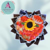 Orange rose bouquet with a sunflower center, butterflies, and a tiara