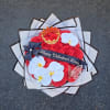Red rose bouquet with white orchids, a crown, and a Valentine ribbon