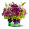 Compact arrangement of purple and pink flowers in a green cube vase with a purple bow
