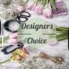 Flat lay of pink tulips, white filler flowers, and floral tools around text reading Designers Choice