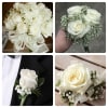 White rose bouquet and boutonniere with baby's breath and ribbon
