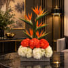 Tropical floral arrangement with orange bird-of-paradise and red and white blooms in a rectangular container