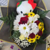 Bouquet with a Hello Kitty plush and red, white, and yellow flowers