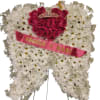 Heart-shaped floral wreath with pink roses and a pink ribbon