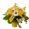 Yellow roses and white daisies in a smiley-face vase