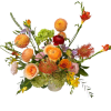 Mixed bouquet in a low vase with orange, red, and green blooms