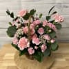 basket of carnations, mini carnations, spray rose 