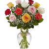 Bouquet of multicolored roses in a clear glass vase