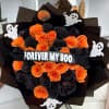 Bouquet of orange and black roses with ghost decorations and a "FOREVER MY BOO" ribbon
