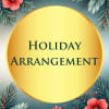 Holiday arrangement graphic with coral flowers and pine branches around a gold circle
