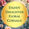 Floral corsage graphic with pink and peach flowers around a yellow circle