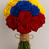 Bouquet of red, blue, and yellow roses tied with twine