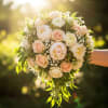 Peach and white bridal bouquet with roses and peonies