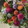 STUNNING LARGE BASKET OF VIBRANT ROSES, HYDRANGEAS, DELPHINIUM, ORANGE/ BI COLORED ROSES