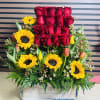 Sunflowers, Red Roses and Mixed Tulips in Wood Base