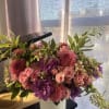 Soft and romantic combination of beautiful roses and dahlias 