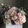 white wooden envelope box with designer choice flowers