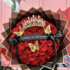 Large bouquet of red roses with a crown and black ribbon