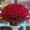 Large bouquet of red roses in a woven basket on a pedestal